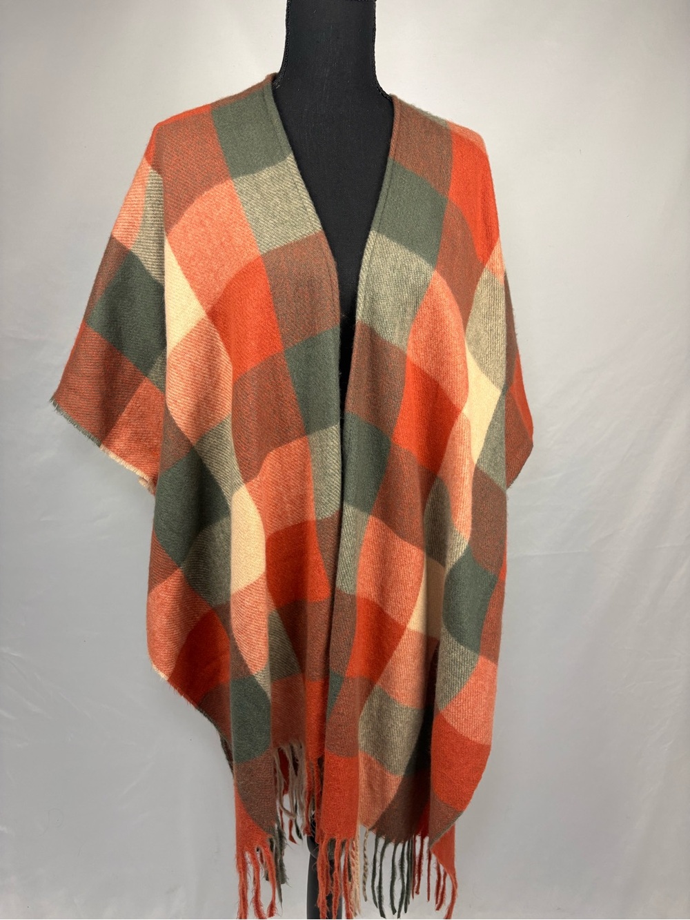 Poncho Cape Fringe Orange, Green & Cream Plaid